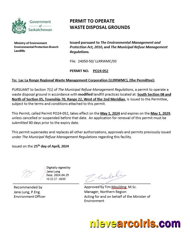 Canada Saskatchewan Permit to operate waste disposal grounds